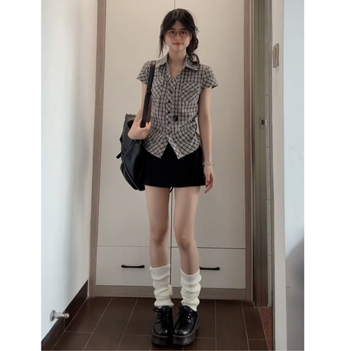 MR【Original Plaid】Korean Retro Plaid High-Waisted Shirt for Women - Summer Design-Focused Fitted Short-Sleeve Blouse