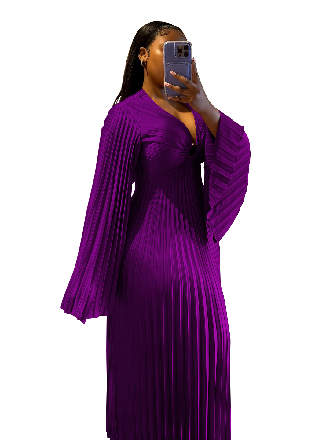Women's Clothing Elegant Slim Fit Women's Dress V Neck Pleated Long Sleeve Solid Color Casual Spring/Autumn Dress_ecoleips.com