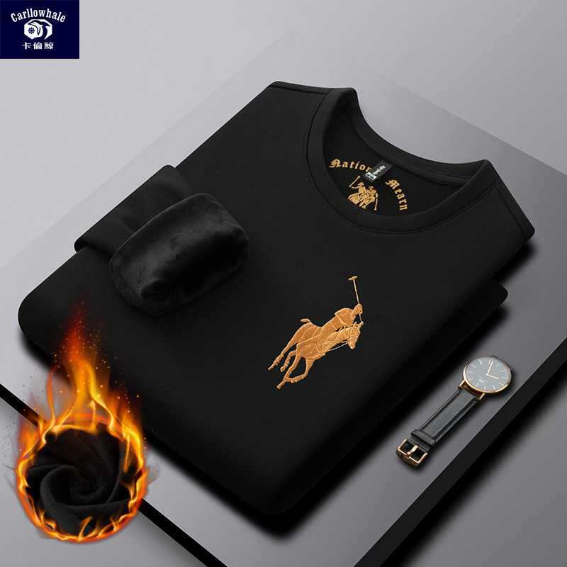 Karen Whale Winter Velvet Thickeneded Men's Pure Color Round Neck Sweatshirt 420g Silver Fox Velvet Men's Bottoming T-Shirt Top