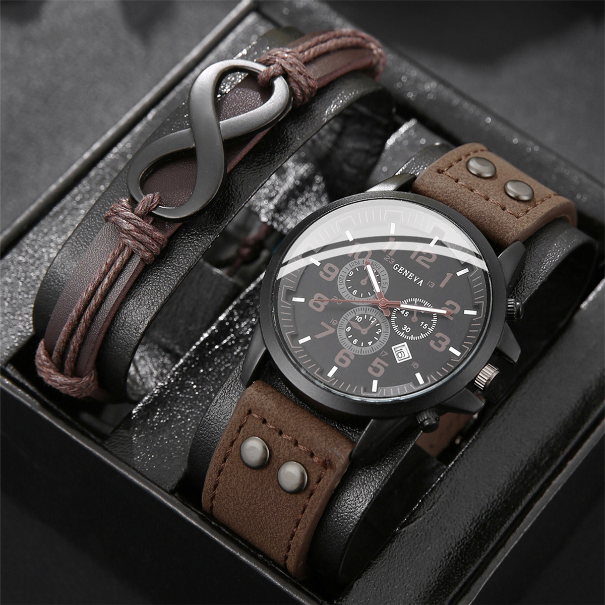 2025 Cross-Border Hot Selling Fake Three-Eye Digital Scale Dial Simple and Elegant Men's Figure-Eight Leather Bracelet Set