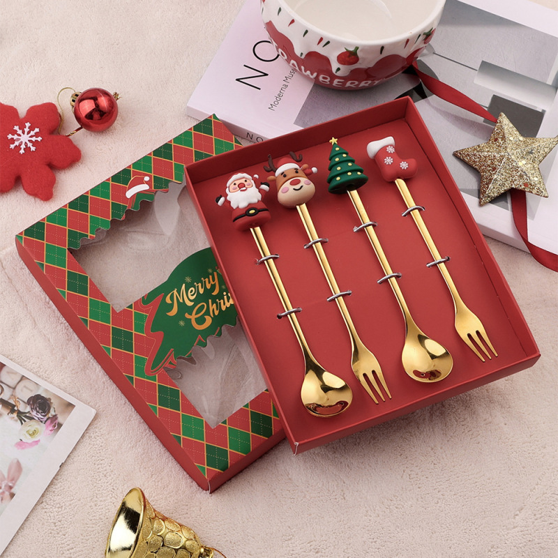 クロスボーダークリスマスステンレス鋼スプーンフォークセットクリエイティブクリスマスツリーデザートスプーンコーヒースプーンフルーツフォークギフトお土産|undefined