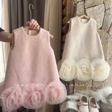 女童小香风连衣裙2024新款儿童秋冬女宝宝周岁生日礼服花朵背心裙