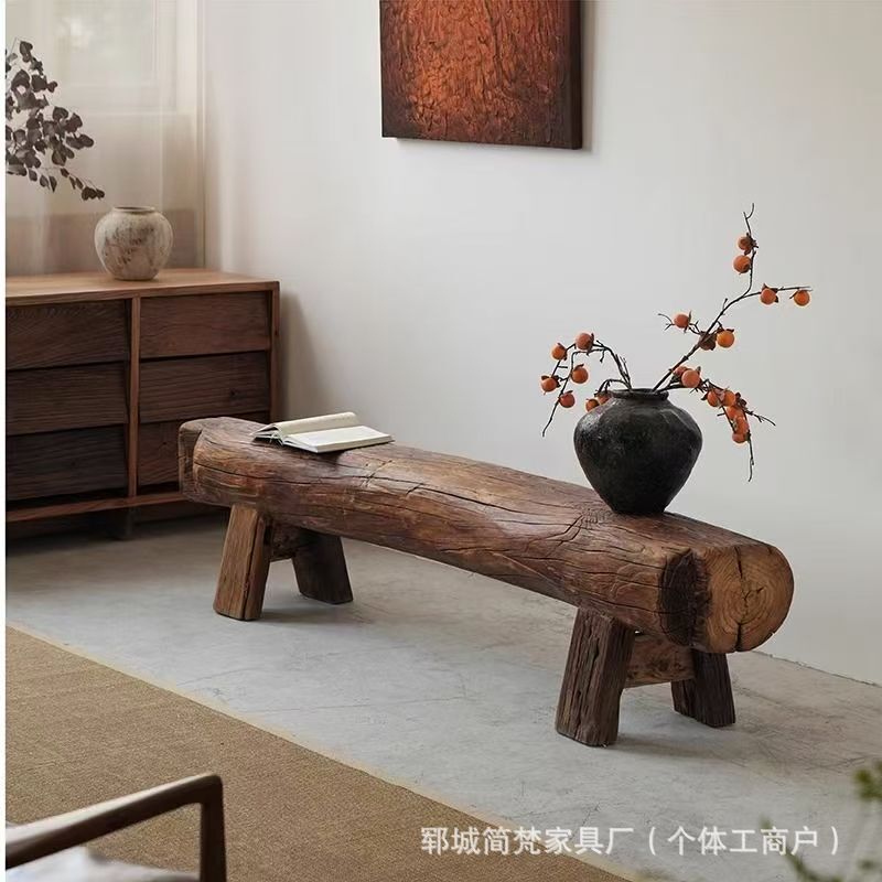 北の古いニレ風化ロングベンチ円筒形木製パイルスツールB&B装飾無垢材特殊形状靴交換スツールベンチ|undefined