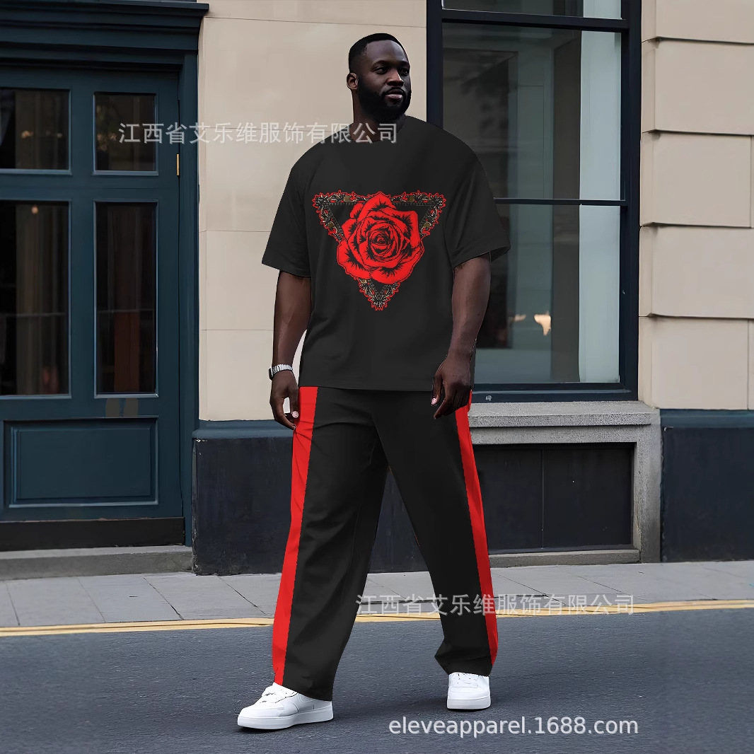 跨境男士圆领T恤长裤套装3D数码印花简约美国元素风格热卖运动套