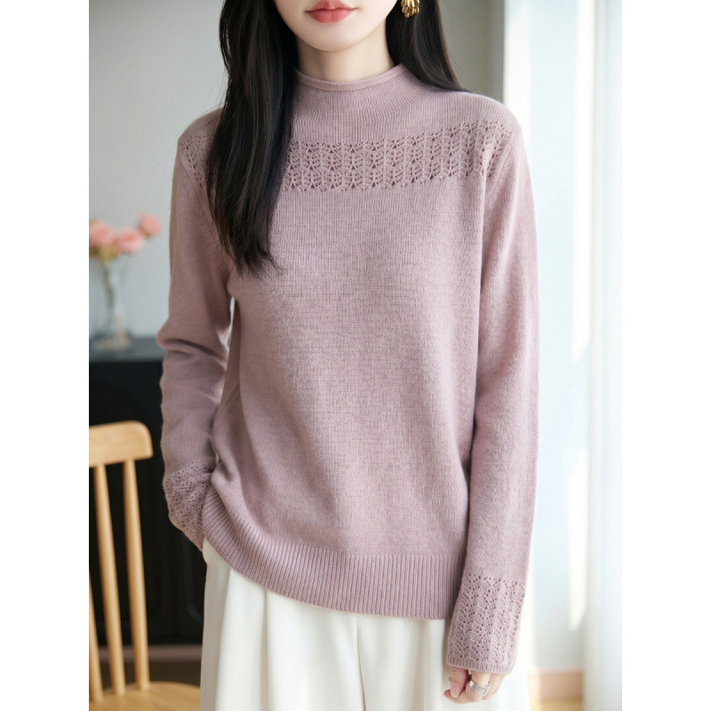 2026 Fall/Winter New Collection: High-end ready-to-wear rolled hem semi-high neck knit sweater with long sleeves, shoulder cutouts, and solid color design