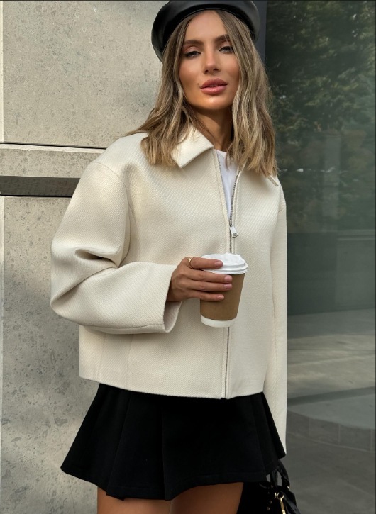 欧美跨境女装秋冬美式夹克纯色翻领复古短款外套时尚修身拉链上衣|undefined
