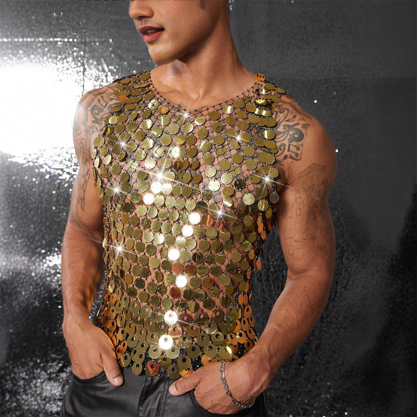 European and American style heavy sequined hollow vest, short style, retro, handmade trendy vest for men, 25109