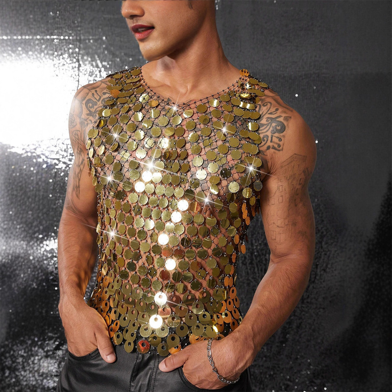 European and American Heavy Industry Sequin Cut Out Vest Suspender Short Retro Handmade Trendyy Vest Men's Clothing 25109