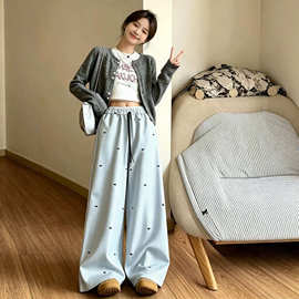 浅蓝色蝴蝶结条纹裤子女2026新款韩系慵懒休闲高腰小个子直筒长裤