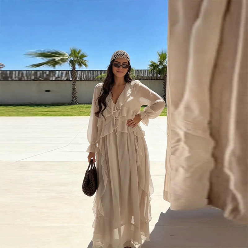 Our cross-border 2026 European and American style French women's fashion versatile layered ruffle tie chiffon dress