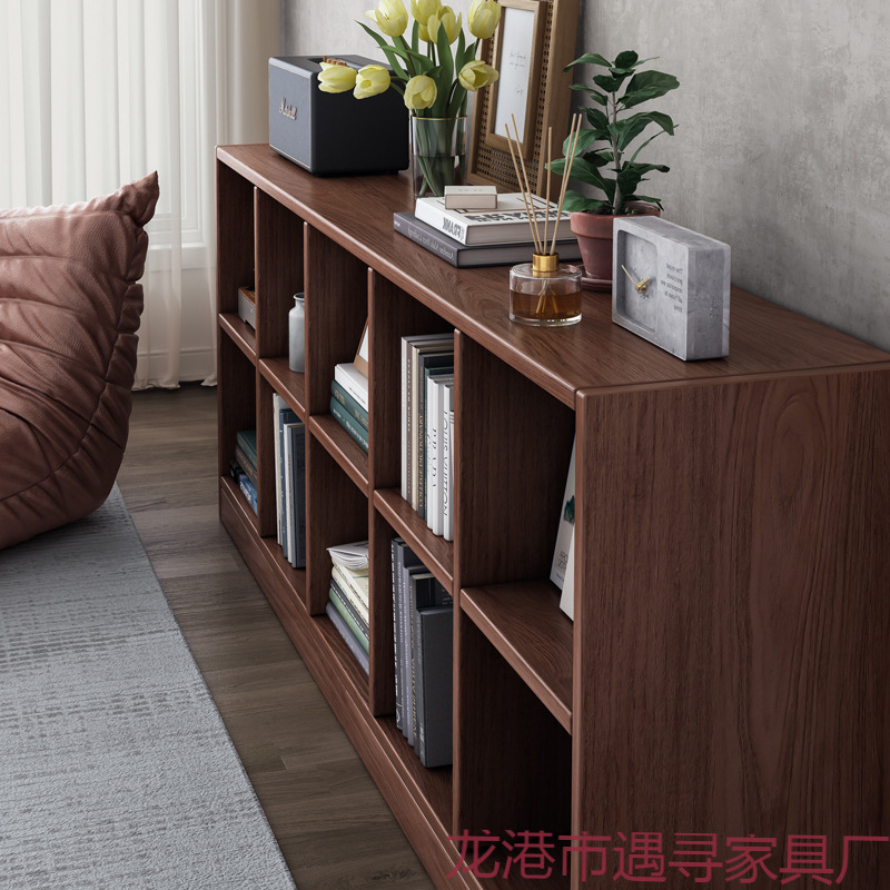 Walnut Color Plaid Cabinet Low Bookshelf Retro Chinese Style Living Room Cabinet Storage Cabinet Household Solid Wood Bookcase Storage Cabinet