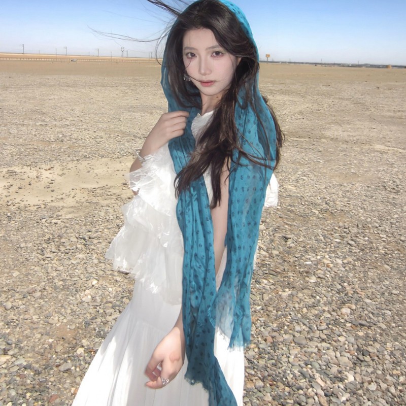 蓝色废土风棉麻围巾女大西北沙漠旅游薄款文艺丝巾民族风披肩外搭|undefined