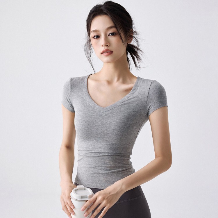 V Neck Nude Tight Yoga Wear Women's Sports Short-Sleeved Summer Slimming Look Pilates T-Shirt Training Fitness Wear Top