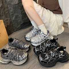 欧洲站女款鞋2025秋季新款真皮绑带厚底运动网面系带老爹鞋休闲温