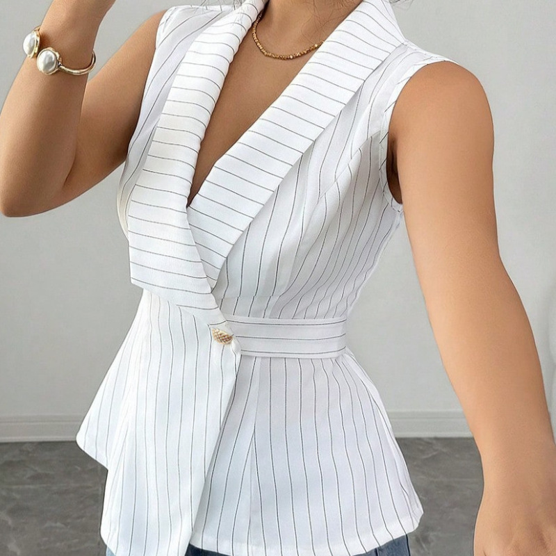 2026 Summer Style European and American Style Striped Waist-Cinching Suit Collar Sleeveless Vest with Single-Breasted Buttons and Belt for a Slimming Effect