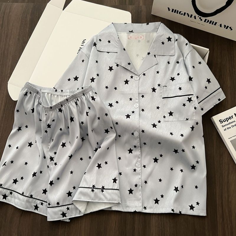 Al por mayor transfronterizo nuevo pijama de verano de alta calidad de seda de hielo twill pantalones cortos de mangas cortas set collar explosión