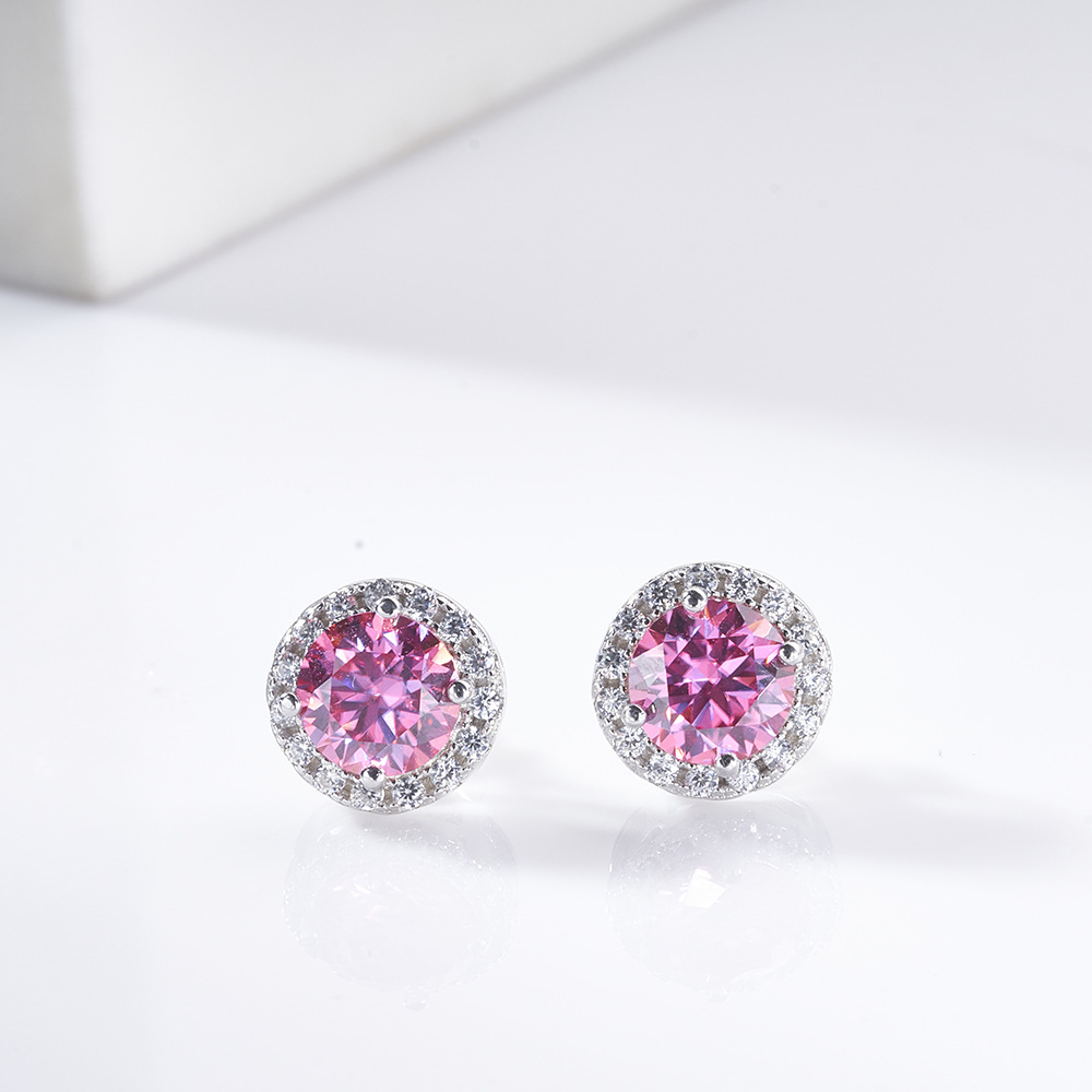 1CTx2 rosa champán gris redondo aretes de piedra de moissanita brillante aretes de piedra de moissanita joyas de plata esterlina