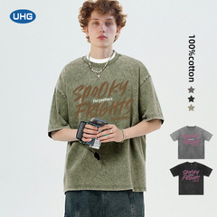 UHG Export Exclusive 230g Heavyweight Pure Cotton Puff Snow Wash T-Shirt for Men, Hand-painted Letter Retro Versatile Top