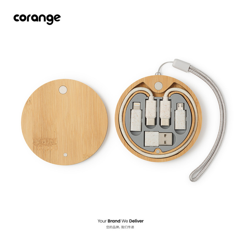 Corange展会环保礼品 竹壳充电线套装-圆形 可以定制logo印刷|undefined