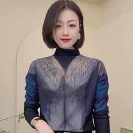 2024秋冬季t恤女气质高清打印高领打底衫女百搭妈妈上衣立体印花
