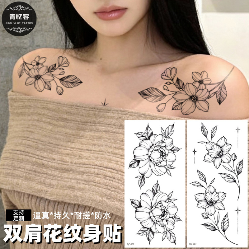 Cross-Border Wholesale New Style Sketch Double-Shoulder Flower Temporary Tattoo Stickers with a High-End Feel, Black Flower Design for Collarbone, Fresh and Simple Style Cross-Border Wholesale New Style Sketch Double-Shoulder Flower Temporary Tattoo Stickers with a High-End Feel, Black Flower Design for Collarbone, Fresh and Simple Style