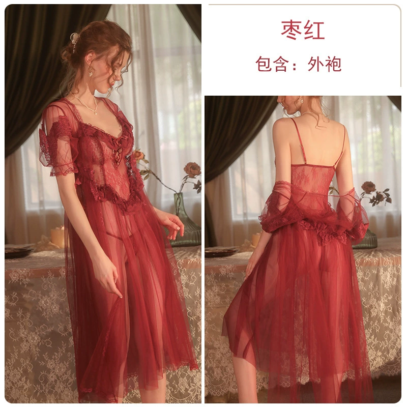 Демисезонный длинный набор пижамы (GuiRuo) — кружевное тюлевое roupa и юбка с подтяжками, легкий