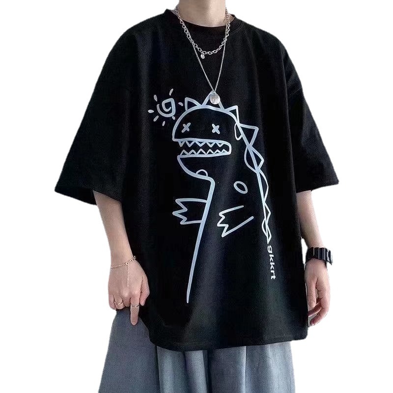Nuevo dinosaurio Camiseta de manga corta de los hombres ins marca de moda Primavera suelta High Street camiseta moda todo-Partido pareja ropa de media manga
