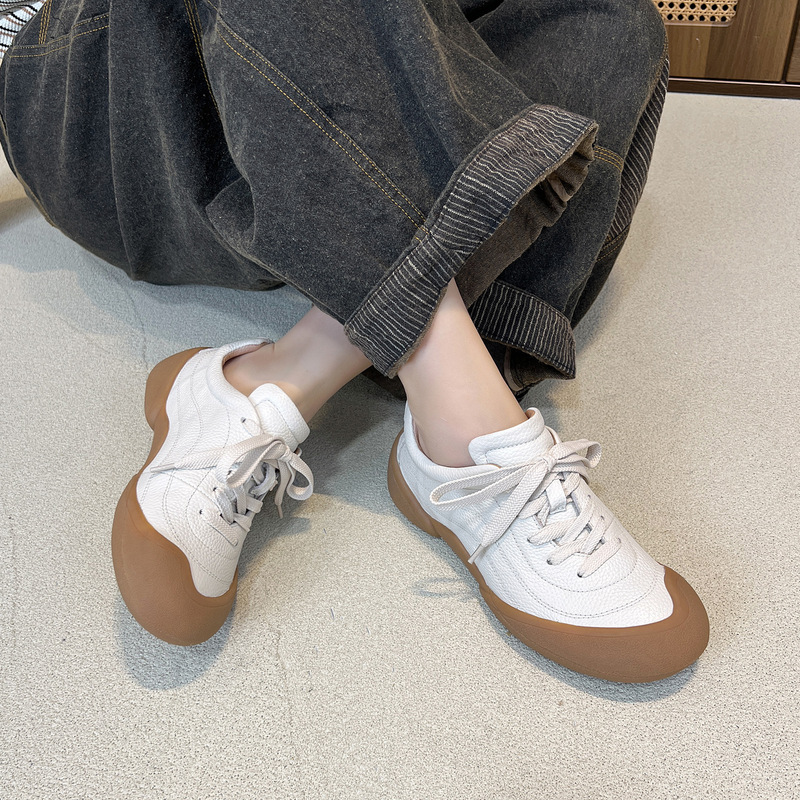 Designer First-Layer Cowhide Casual Shoes 2025 Autum New Sports Style Genuine Leather Toe-Toe Flats Women's Shoes