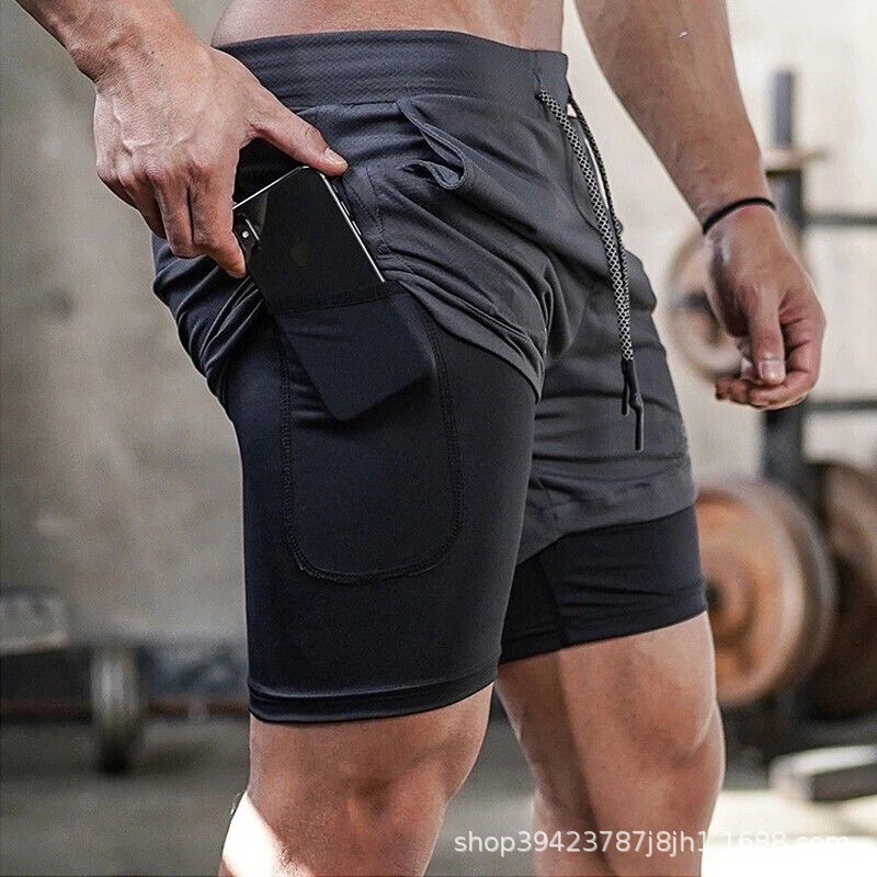 Quick-Dry Sports Camouflage Shorts for Men, Double-Layer Fitness Fake Two-Piece Five-Point Shorts, Anti-Exposure, Personalized Training Running Pants