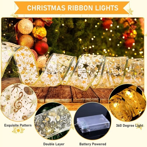新款跨境丝带铜丝线灯串圣诞树节日装饰品灯LED缎带闪灯厂家批发