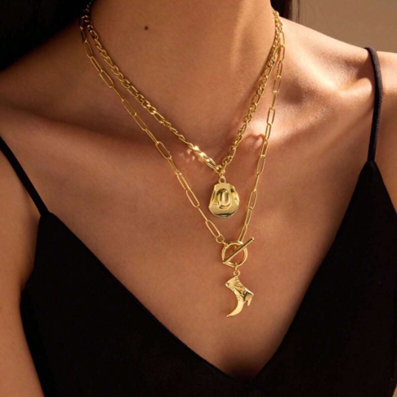 Fashion European and American Western Cowboy Hat Boots Pendant Necklace Personality Trendy Niche Design Versatile Collarbone Chain