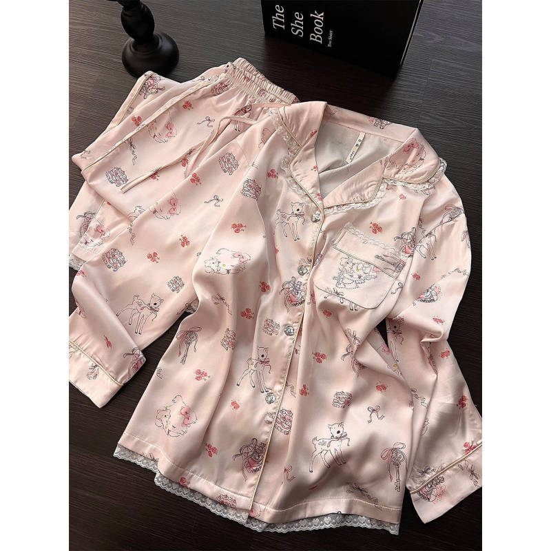 粉色少女可爱卡通印花睡衣女夏季新款大码冰丝长袖长裤家居服套装|undefined