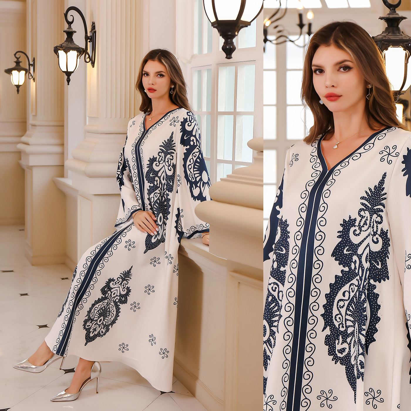 Arabic Clothing For Women, Fashionable Women's Wear, Dubai Turkish Abaya, Stylish V-neck With Rhinestones, Loose-fitting_ecoleips.com