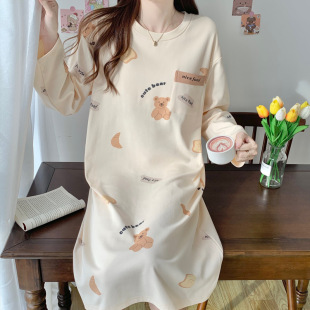 Nightdress women's spring/autumn winter cotton long sleeve dress mid-length cute casual cartoon maternity pajamas home wear