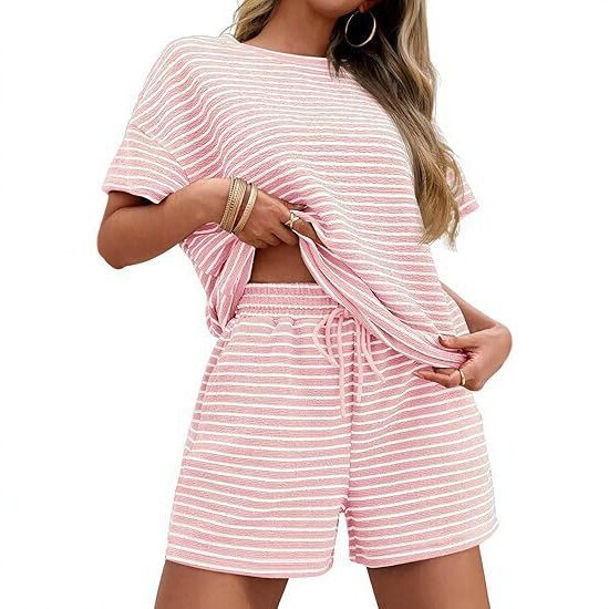 2025 New Striped Casual Suit for Women, Short-Sleeve and Shorts Two-Piece Set, Cross-Border European and American Style, Drawstring, Loose and Fashionable