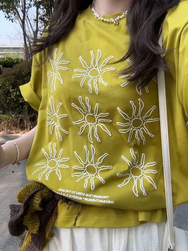 アメリカンレトロひまわりプリントニッチ半袖Tシャツレディース2025年夏新作ゆったりスリム万能トップスイン|undefined
