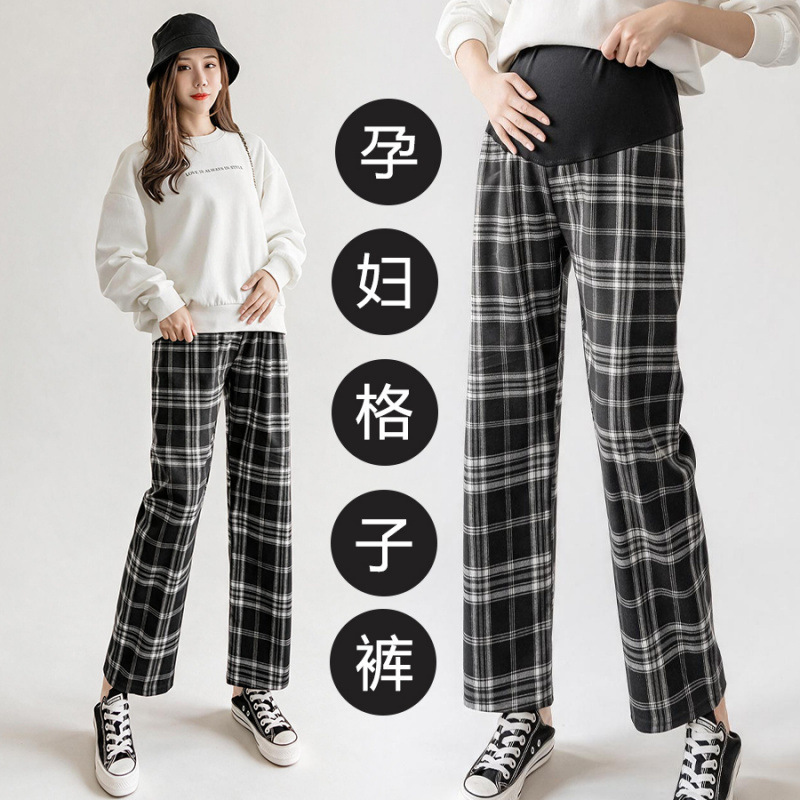 Maternity pants, wide-leg pants, straight-leg, outer-wear, belly-support, floor-length, plaid, casual trousers Maternity pants, wide-leg pants, straight-leg, outer-wear, belly-support, floor-length, plaid, casual trousers