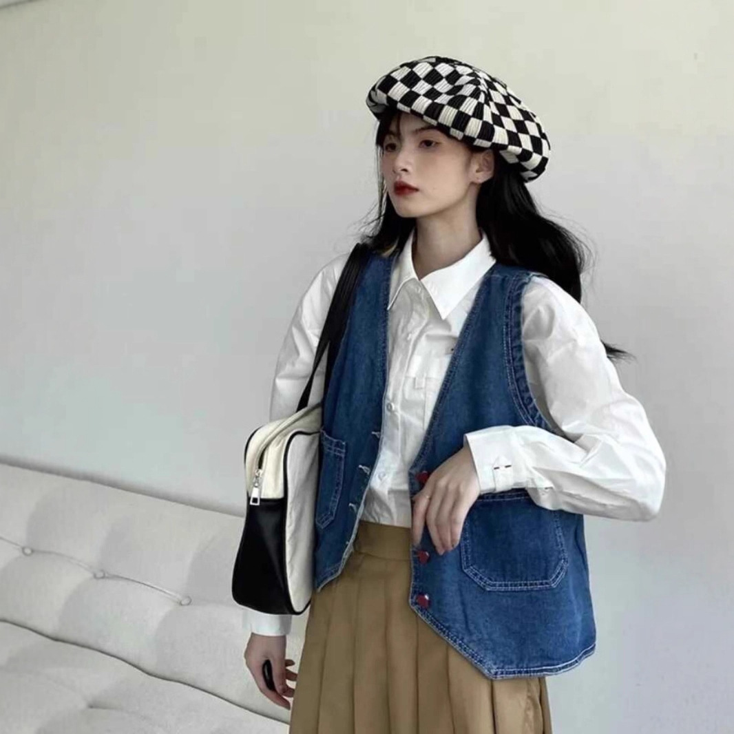 여성용 데님 조끼 2025 신상 홍콩 스타일 레트로 루즈핏 다용도 디자인 민소매 조끼 자켓 도매
