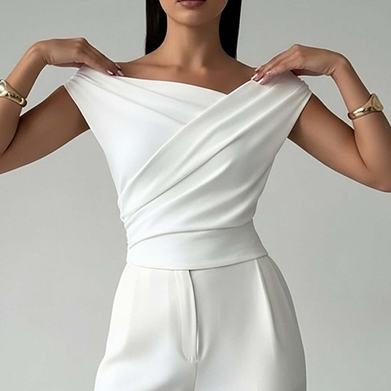 2026 primavera nuevo comercio exterior transfronterizo de Europa y América ropa de mujer sexy hombro abierto irregular cuello pequeño chaleco camisa de manga corta