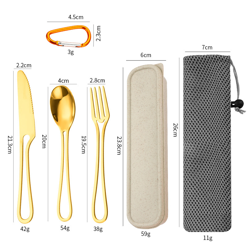 Transfronterizo nuevo cuchillo de acero inoxidable 410, tenedor y cuchara de tres piezas de viaje al aire libre camping portátil vajilla traje vajilla occidental