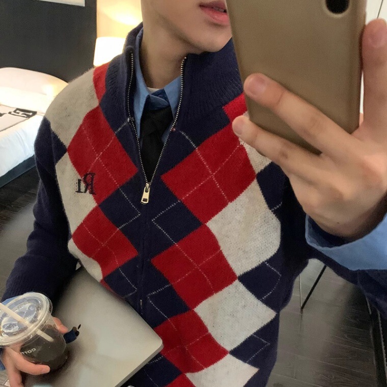 American Retro Preppy Style Classic Diamond Plaid Double Zipper Cardigan Sweater Lazy Style Soft Waxy Turtleneck Sweater Jacket