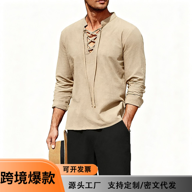 Cross-border Foreign Trade 2026 Men's European and American Spring/Summer Linen Henley Shirt Long Sleeve Casual Beach Tie-Down Stand Collar Shirt Cross-border Foreign Trade 2026 Men's European and American Spring/Summer Linen Henley Shirt Long Sleeve Casual Beach Tie-Down Stand Collar Shirt