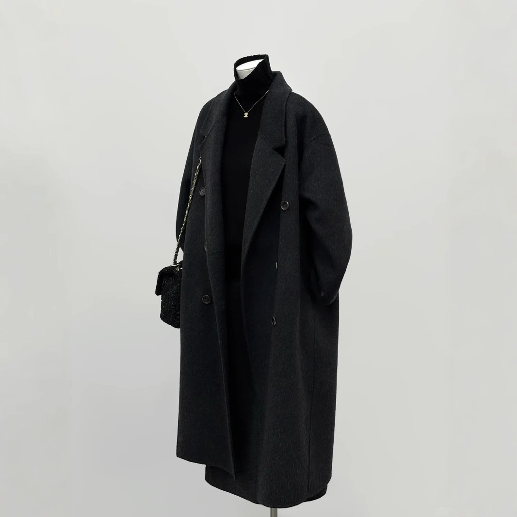 New Hepburn-Style Double-Sided Wool Coat for Women, Loose Cocoon-Shaped Dark Gray Grayish Long Woolen Coat, Carefully Selected