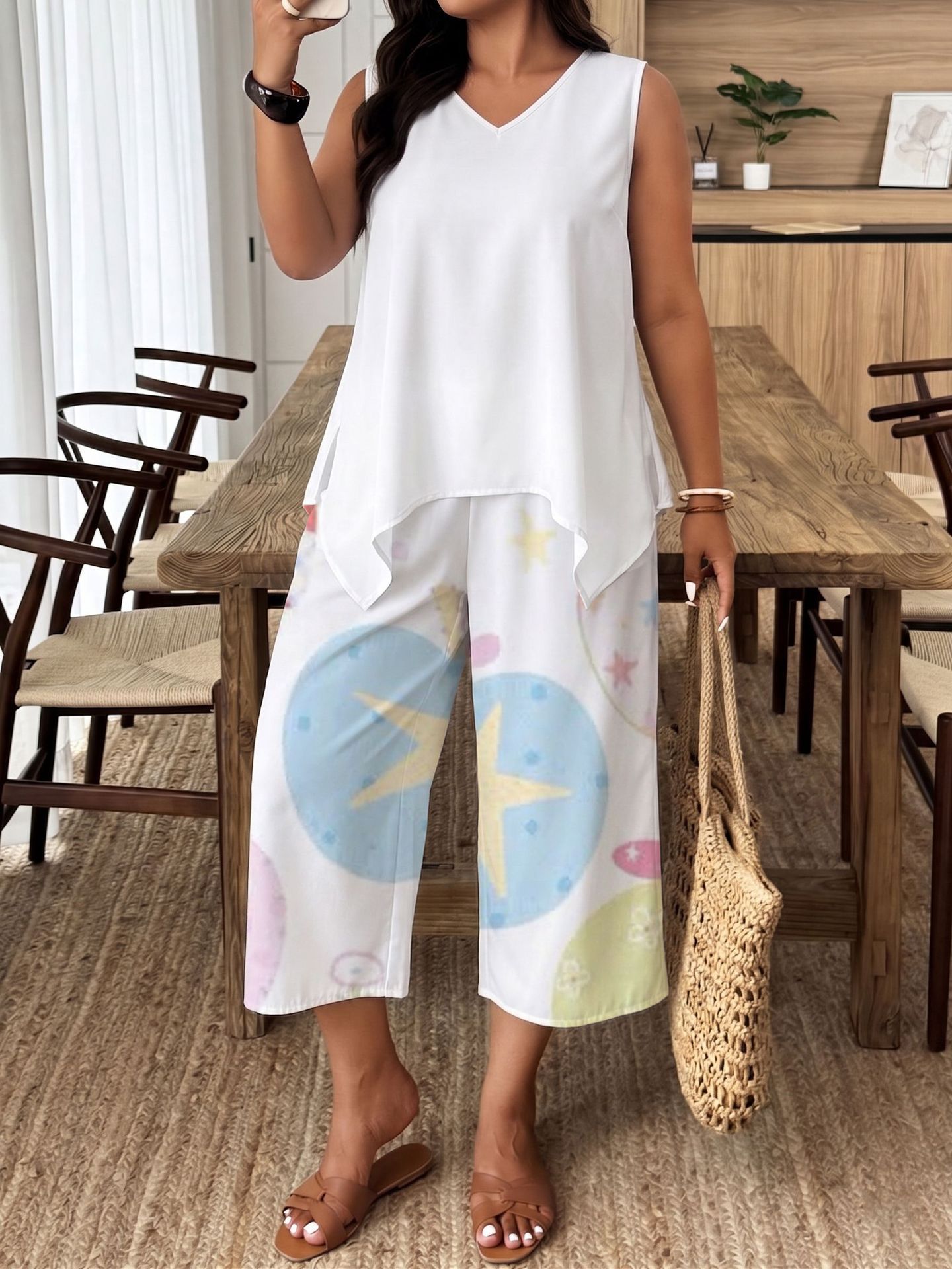 Original Women's Summer Outfit: Sleeveless V-neck Asymmetrical Top With Gradient Plaid And Star Print, Wide-leg_ecoleips.com