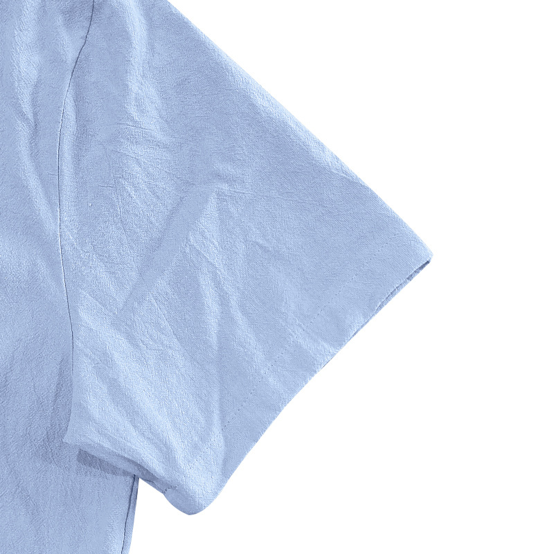 Summer Men's Linen Shirt Casual Loose Collar Short Sleeve Solid Color Pocket T-Shirt_viptrois.com