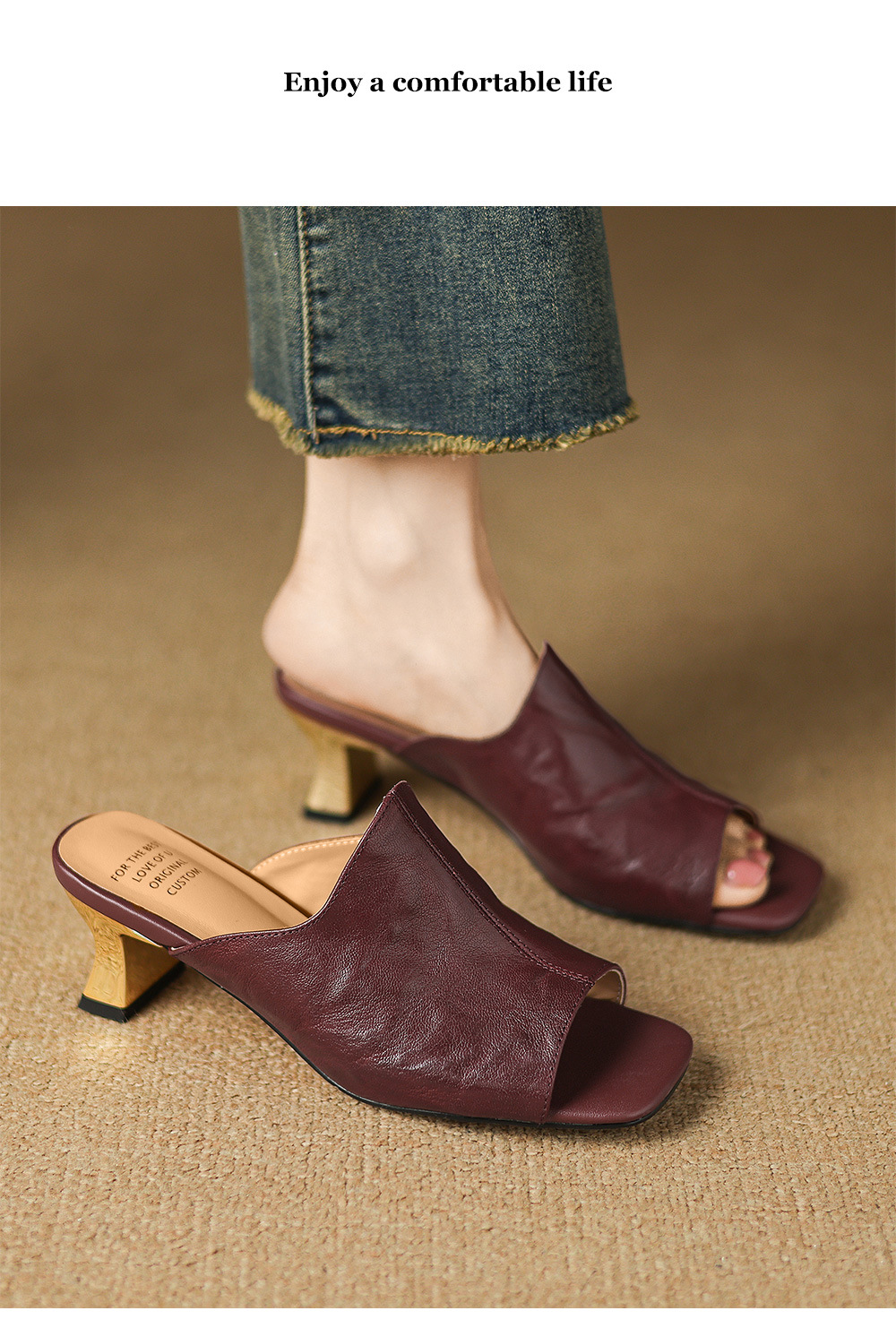 Sandal cao gót nữ hở mũi quai ngang da cừu gót 5 cm — đen chi tiết 11