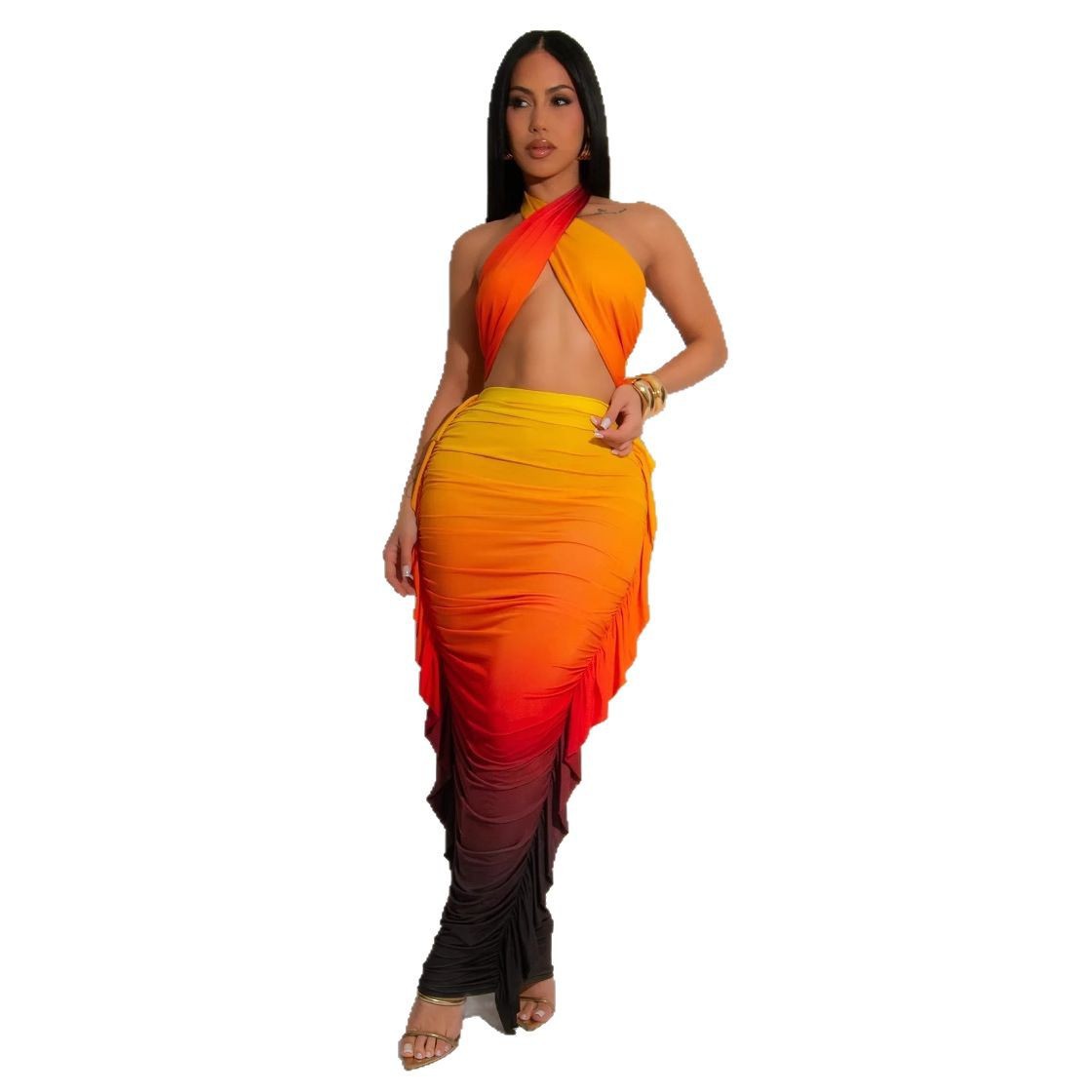 Women's Fashion Gradient Printing Navel Pleated Two-piece Suit