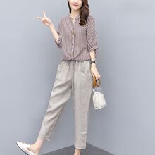 棉麻套装女2022夏装新款女装韩版条纹上衣九分裤休闲两件套套装裤