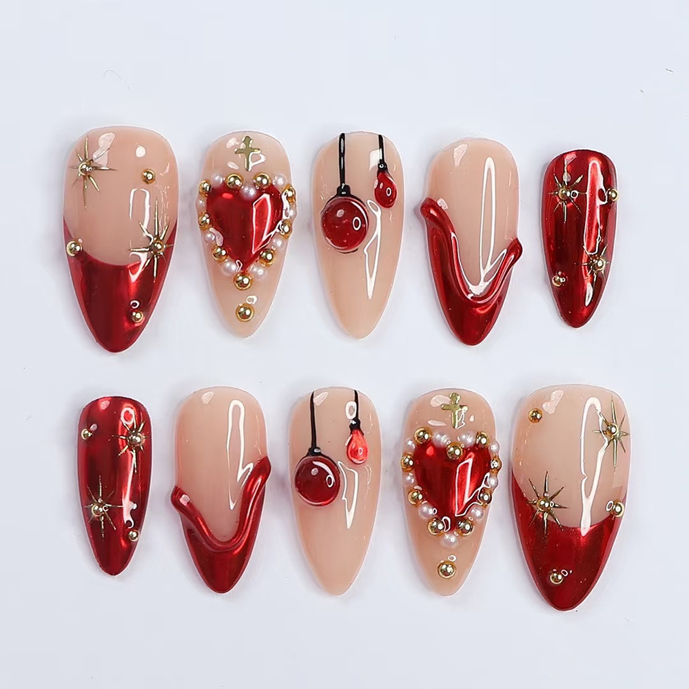 Corazón santo, diamante rojo, cereza, cruz de uñas, comercio exterior, lujo exquisito, 24 piezas de parche de uñas.