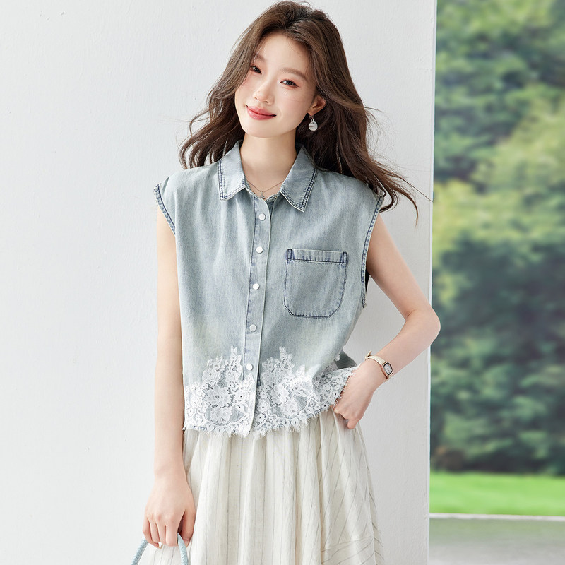 Lapel Sleeveless Denim Shirt for Women, Summer Cotton T2026 New Lace Patchwork Stylish Blouse, Age-Reducing Top